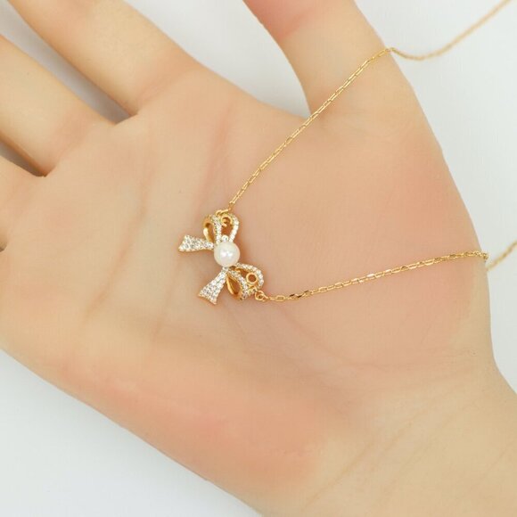 Rose Gold Bow Pendant Necklace with Pearl and Crystals , XPNL0171 - Picture 7 of 13